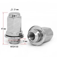 Гайка колесная М12x1,5x47мм Прессшайба D-18,5 Хром Ключ 21 (Toyota LC Prado, Highlander; Lexus GX 470, Chery Tiggo) под оригинальные литые диски