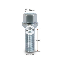 Болт колесный М14x1.5x32мм Сфера Цинк Ключ 17 (Audi, Seat, Skoda, Volkswagen) Удлиненный