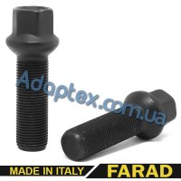 Болт колесный М14x1,25x53мм Сфера R13 Чёрный цинк Ключ 17 Farad (Италия) Для установки дисков со сферической посадкой на BMW (под проставки 25мм)