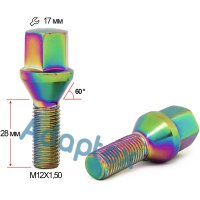 Болт колесный М12x1.5x28мм Конус (BMW, Daewoo, Opel, Renault) Радужный титан Ключ 17 (под литые диски)