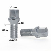 Болт колесный М14x1.5x30мм Конус Хром Ключ 17