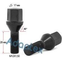 Болт колесный М12x1.5x28мм Конус (BMW, Daewoo, Opel, Renault) Чёрный Хром Ключ 17 (под литые диски)