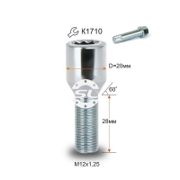 Болт колесный под внутренний 10-ти гранник М12x1.25x28мм Конус Цинк (ВАЗ, ГАЗ, Fiat, Citroen, Lancia) для узких отверстий в диске