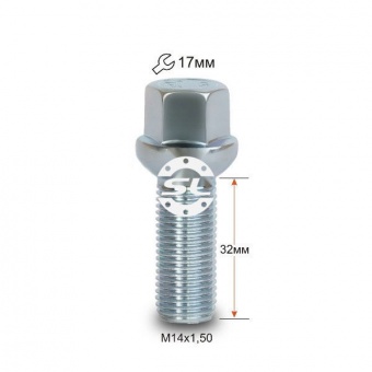 Болт колесный М14x1.5x32мм Сфера Цинк Ключ 17 (Audi, Seat, Skoda, Volkswagen) Удлиненный